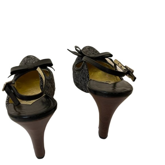 Dolce & Gabbana Black & Gray Tweed Slingback Heels Black Bow Wooden Heels Size 6 - Picture 10 of 13